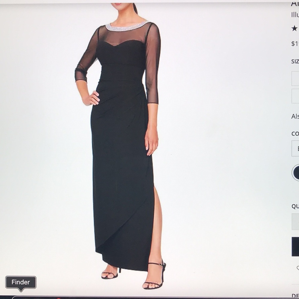 Alex Evenings Illusion Black Mesh 3/4 Sleeve Round Neck Side Slit Rouched Gown12